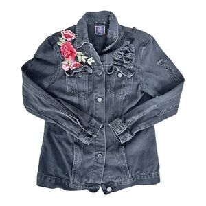 Boom Boom Jeans Black Distressed Denim Jacket Rose Embroidered Gothic Alt